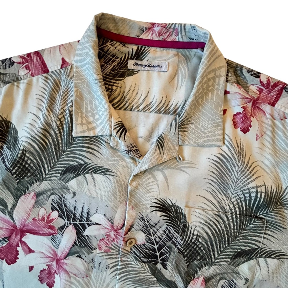 Tommy Bahama Island Zone Silk Blend Floral Palm Hawaiian Shirt Mens XL Gray Pink